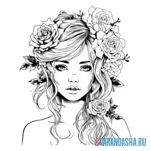 Раскраска красивая девушка и цветы