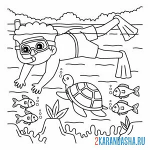 Раскраска мальчик на море снорклинг