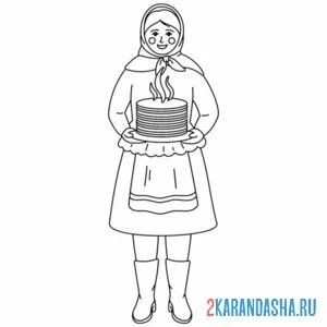 Раскраска русская девушка с блинами