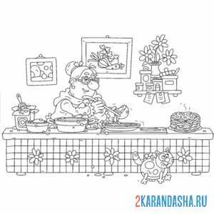 Раскраска бабушка печет блины масленица