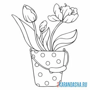 Раскраска подснежники и тюльпаны в ведерке
