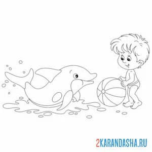 Раскраска мальчик играет с дельфином