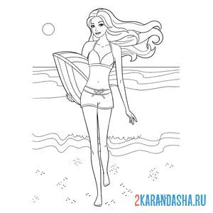 Раскраска барби в шортах и купальнике на пляже