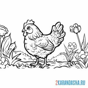 Раскраска курица в цветах