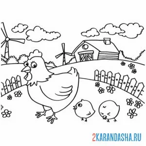 Раскраска курица на ферме