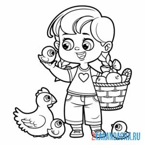 Раскраска девочка на ферме и курочка