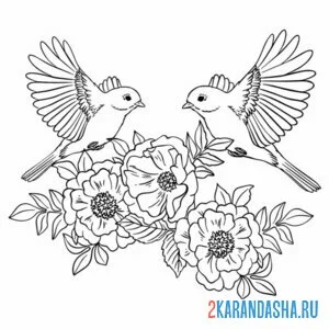 Раскраска птички на цветах