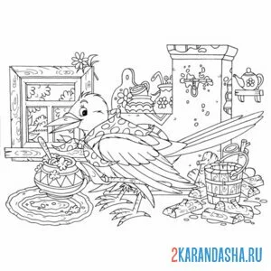 Раскраска сорока-белобока готовит кашу