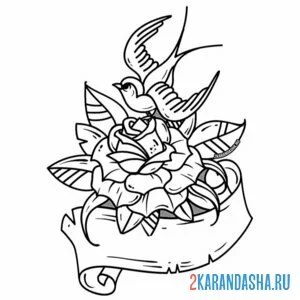 Раскраска ласточка тату в цветочке
