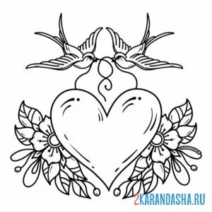 Раскраска две ласточки сердце тату