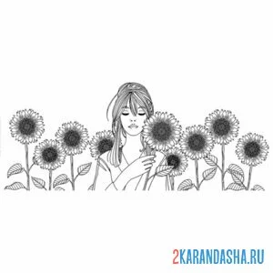 Раскраска девушка в подсолнухах