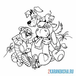 Раскраска простоквашино корова, матроскин и шарик