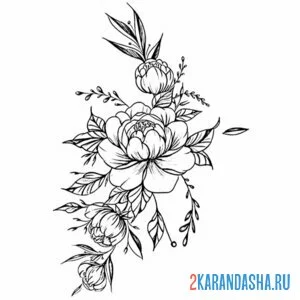 Раскраска тату шаблон с пионами