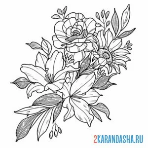 Раскраска пионы ромашки и лилия