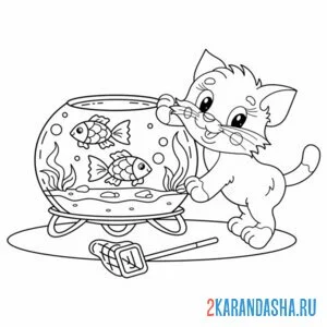 Раскраска котик играет с рыбками в аквариуме