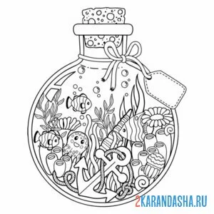 Раскраска рыбки в бутылке аквариуме