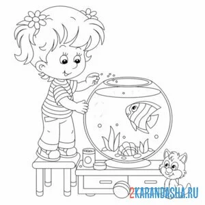 Раскраска девочка и аквариум