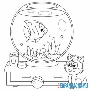 Раскраска котик смотрит на рыбку в аквариуме