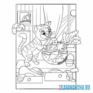 Раскраска котик играет с рыбкой в аквариуме