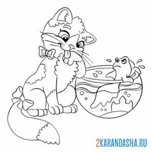 Раскраска котик наблюдает за рыбкой в аквариуме
