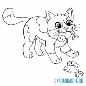 Раскраска котик поймал рыбки