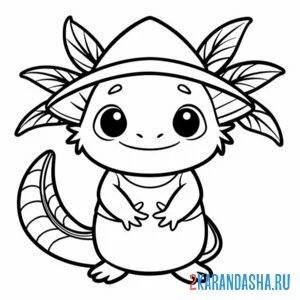 Раскраска аксолотль в японской шляпе