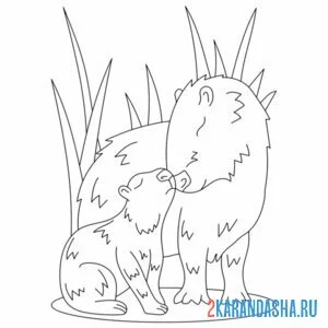 Раскраска капибара мама и ее малыш