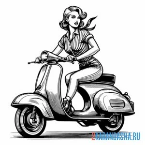 Раскраска девушка на мопеде