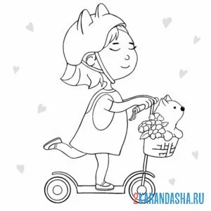Раскраска смешная девочка и кот на самокате