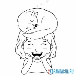 Раскраска котик спит на девочке
