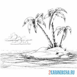 Раскраска остров с пальмами в открытом море