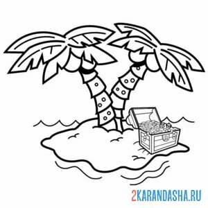 Раскраска остров с сундуком сокровищ