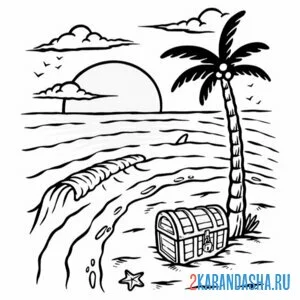 Раскраска остров пляж пальма сундук