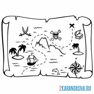 Раскраска карта остров сокровищ