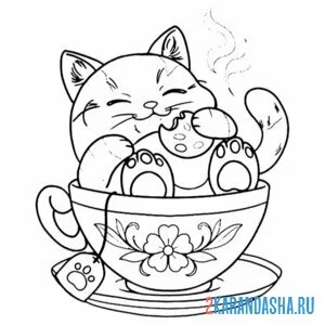 Раскраска котик ест печенку