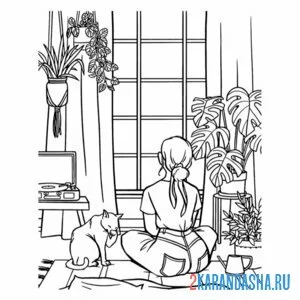 Раскраска эстетика дом и кот