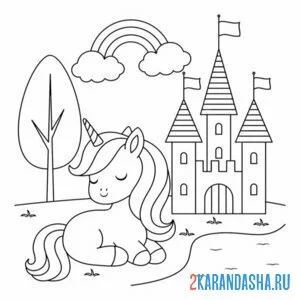 Раскраска единорог спит у замка