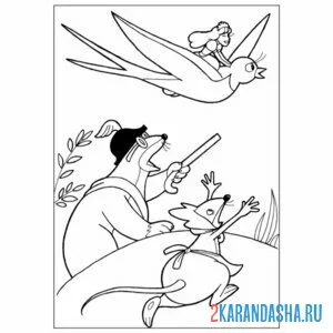 Раскраска дюймовочка на ласточке
