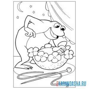 Раскраска дюймовочка спит и жаба