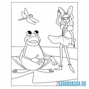 Раскраска жаба, дюймовочка и стрекоза