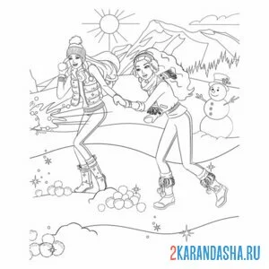 Раскраска барби играют в снежки