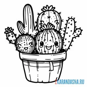 Раскраска малыши кактусы в горшке