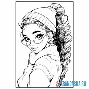 Раскраска девушка с косичкой в очках. волосы и прическа