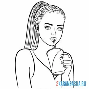 Раскраска девушка с хвостом пьет кофе