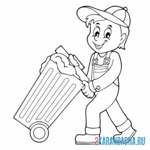 Раскраска уборщик везет мусор