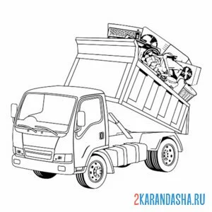 Раскраска мусоровоз вываливает бытовую технику