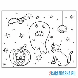 Раскраска котики и привидение с тыквой