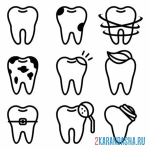Раскраска разные иконки зубов