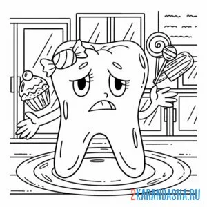 Раскраска зубу плохо от сладкого