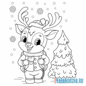 Раскраска новогодний олень с елкой